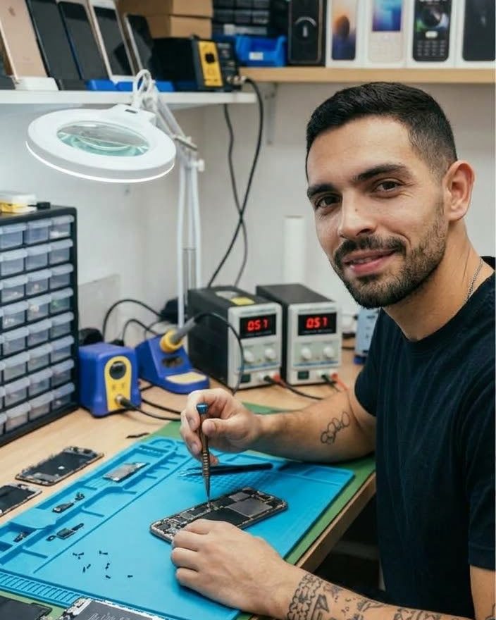 אליאב בן עטר, טכנאי הסלולר של Fix It Mobile, מתקן אייפון בשולחן העבודה במעבדה